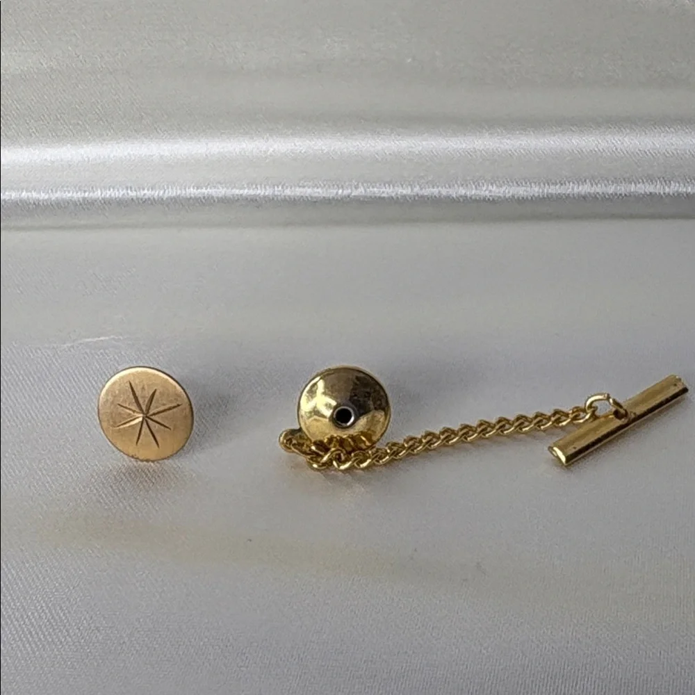 Hickok USA Signed Gold Filled Starburst Cufflinks and Tie Chain Set. Vintage